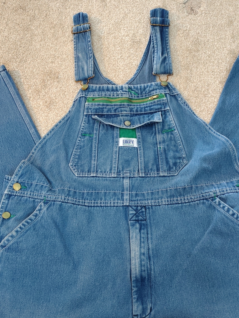 liberty Men's Denim Overalls - Blue with Green Trim Vintage